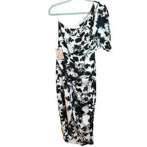 NWT DO+BE black and white floral one shoulder flutter sleeve midi dress small